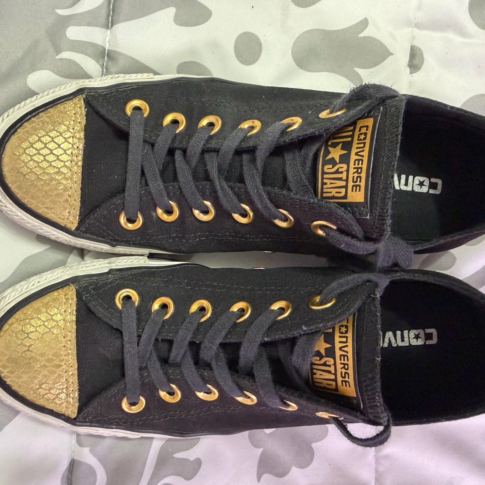 Converse All Stars Black Gold White Women's so 8 Sneakers w/ gold snakeskin toe - Picture 6 of 12
